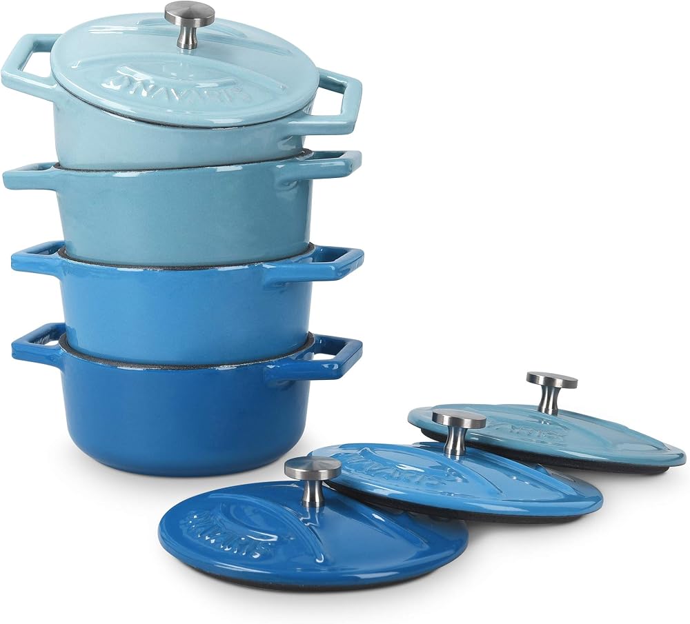 Mini Cocotte 4er Set aus Gusseisen – Blau, ofenfest